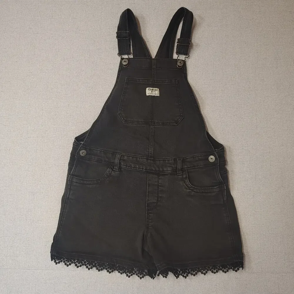 OshKosh B'gosh Girls 12 Black Denim Shortalls Overalls Lace Trim Y2K